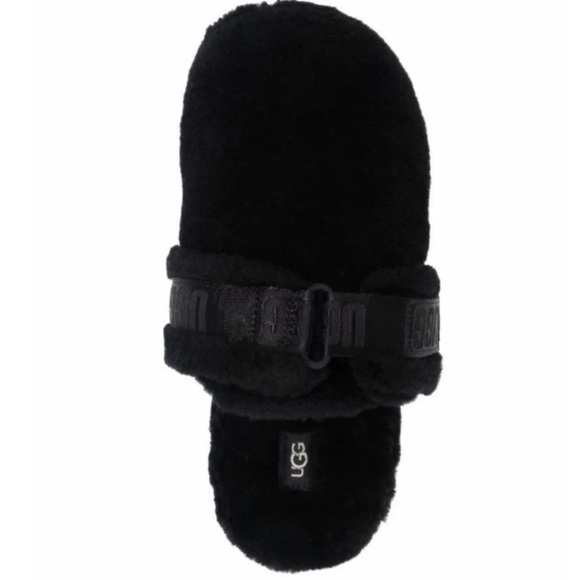 UGG Black Fuzzy Wool Closed Round Toe Logo Print Strap Slippers NWOB - Picture 3 of 10